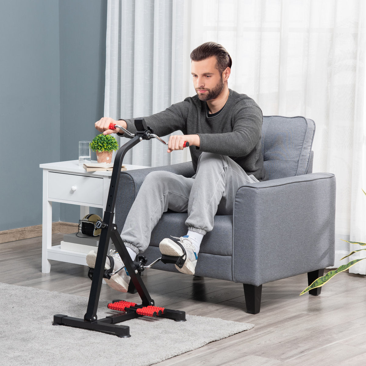 Pedal Exerciser, Hand Arm Knee and Leg Exercise Machine for Seniors, Height-adjustable, with LCD Display and Foot Massage Roller