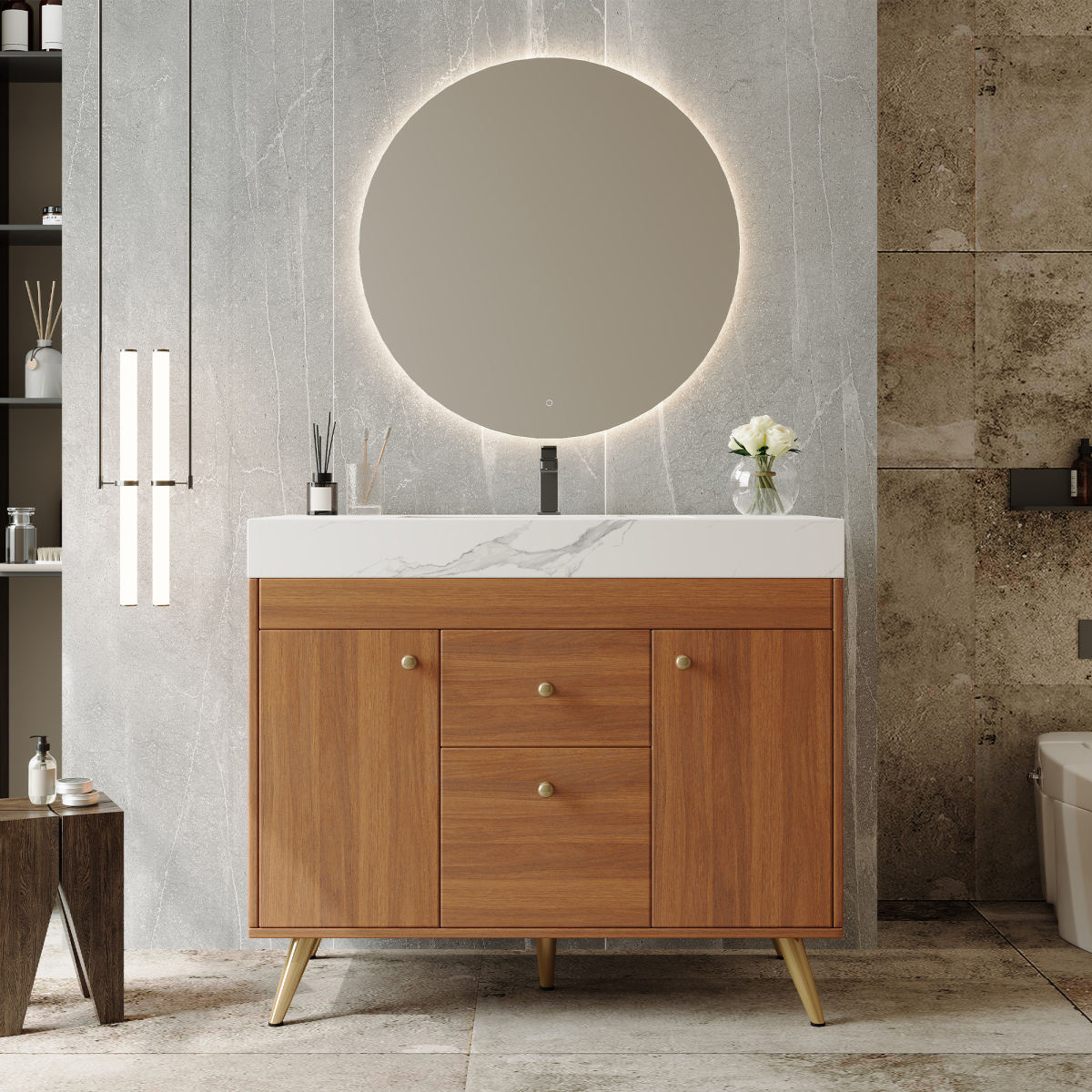36  Modern Freestanding Bathroom Vanity With Sintered Stone Top, Ceramic Sink & Smart Storage