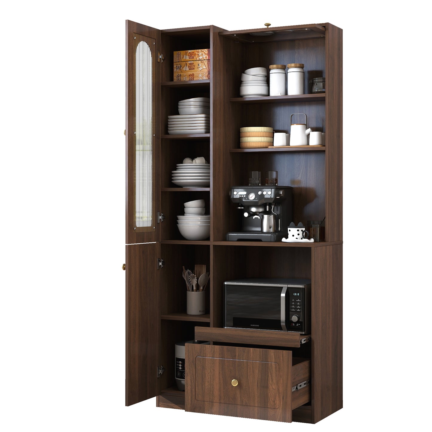 Kitchen Pantry Cabinet With Multi-functional Pull-out Multi-tier Storage Shelf,Farmhouse Storage Cabinet With 3Doors,Pantry Organizers For Kitchen,Dining Room