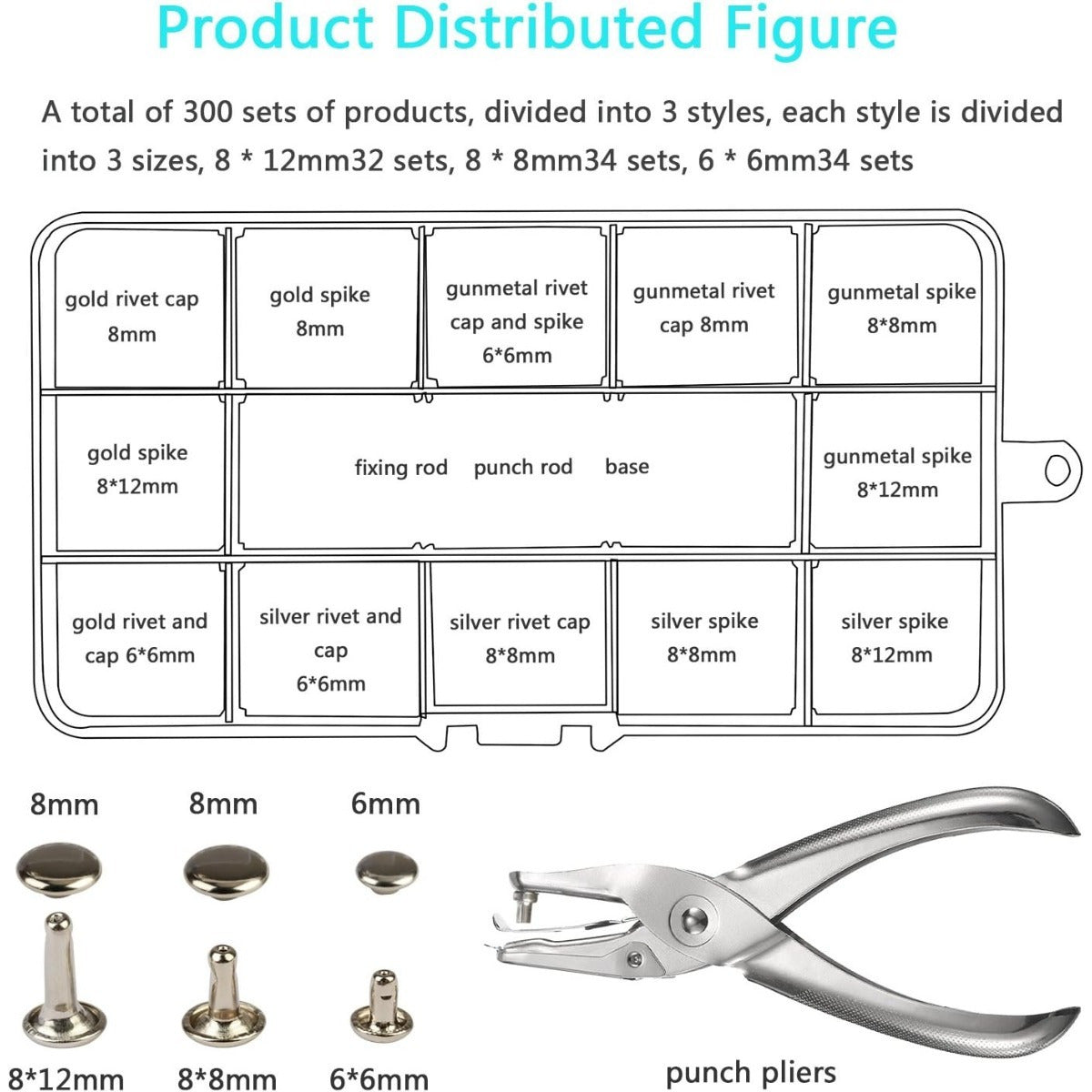 Comprehensive Hollow Rivet Set With 306 Rivets & Tools, 3–8 Mm Rivets In Gold/silver/bronze, Including Punch & Setting Tool, Complete Rivet Set For Leather & DIY Party Decorations