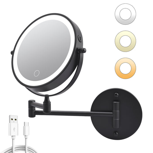 Rechargeable Wall Mounted Makeup Mirror 8  Magnifying Mirror With Lights Double-Sided 1X 10  360 Rotation Extension Bathroom Shaving Mirror With Foldable Arm