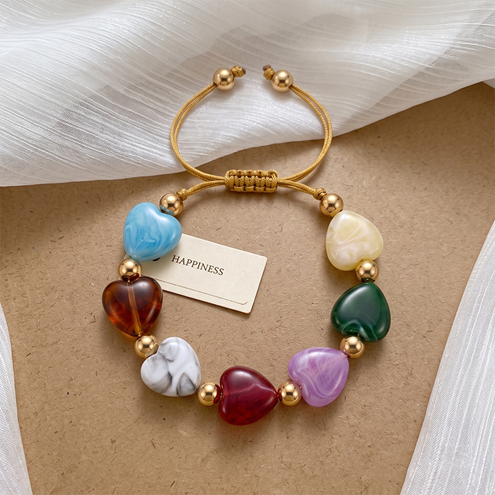 Multicolor Marbled Heart Glass Bead Braided Adjustable Bracelet, Gold Spacer Bead Drawstring Wrist Band, Women Sweet Colorful Daily Fashion Matching Accessory Gift