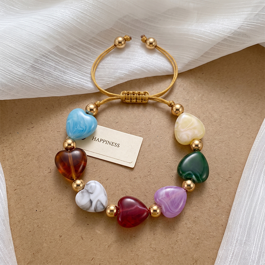 Multicolor Marbled Heart Glass Bead Braided Adjustable Bracelet, Gold Spacer Bead Drawstring Wrist Band, Women Sweet Colorful Daily Fashion Matching Accessory Gift