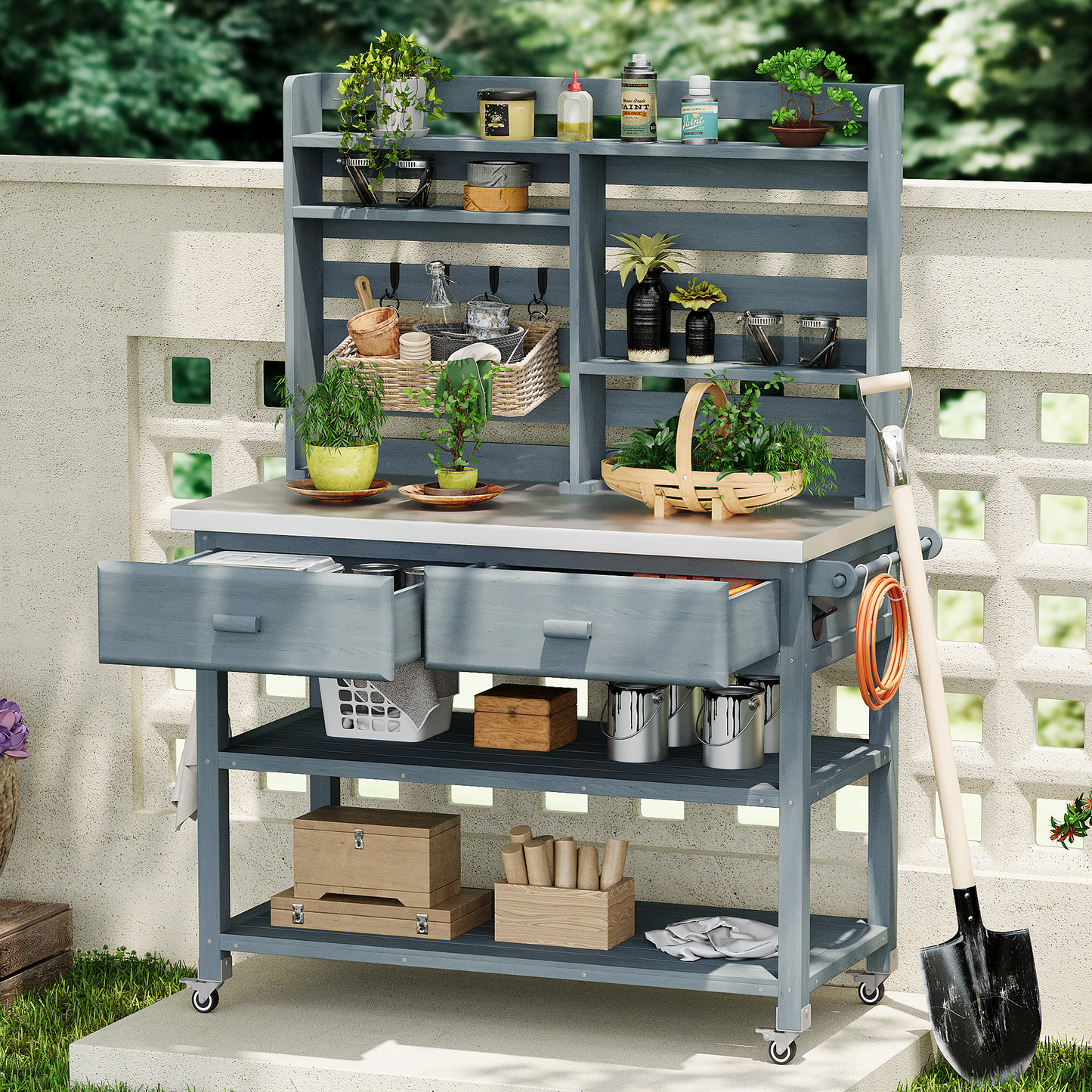 K&K 64.9 H Outdoor Potting Bench Table With Lockable Wheels, Solid Wood Outdoor Kitchen Island With Upper Hutch, Stainless Steel Top, Towel Rack ,Outdoor Storage For Grilling, Lawn Garden  Grey Blue