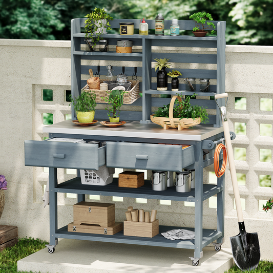 K&K 64.9 H Outdoor Potting Bench Table With Lockable Wheels, Solid Wood Outdoor Kitchen Island With Upper Hutch, Stainless Steel Top, Towel Rack ,Outdoor Storage For Grilling, Lawn Garden  Grey Blue