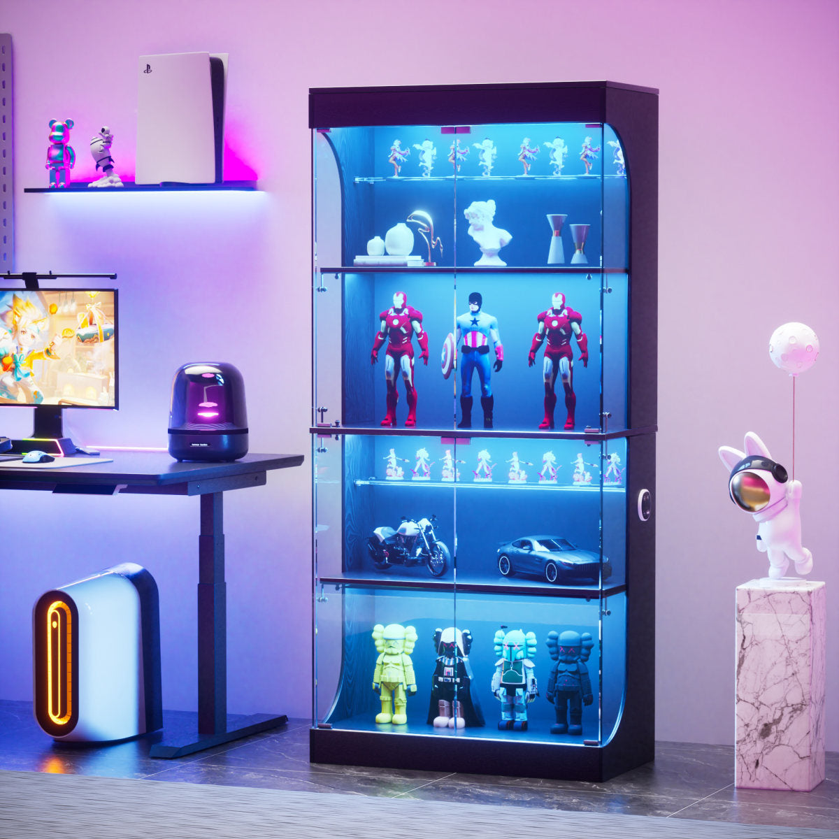 Four-storey Glass Display Case With Storage Space, LED Lighting, Glass Doors And Smart Sensors. Suitable As A Dustproof Glass Cabinet For Living Rooms, Bedrooms And Offices. Black. 80x35x165cm