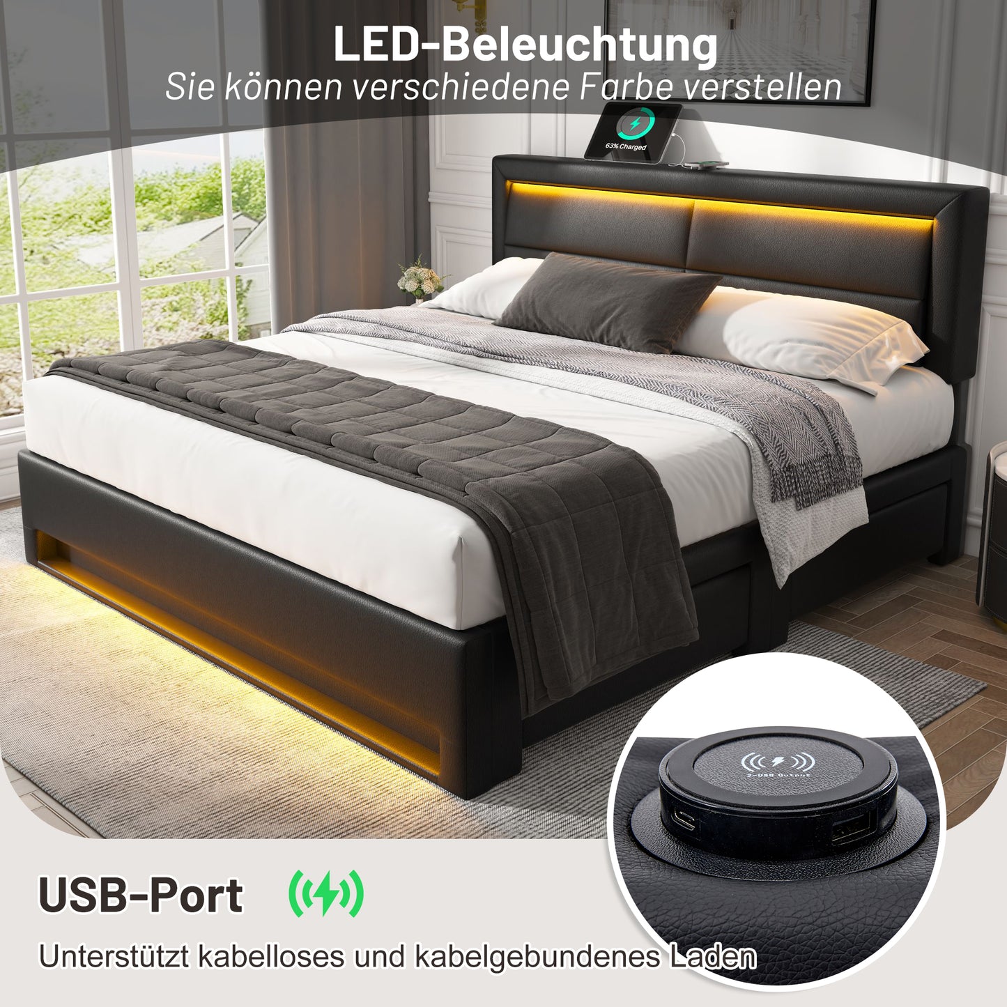 Upholstered Bed 140 X 200 Cm, With USB Port  Supports Wireless And Wired Charging , With LED Lighting And Four Drawers, Without Mattress, PU Lychee Pattern, Black OLD SKU 3256256AAS