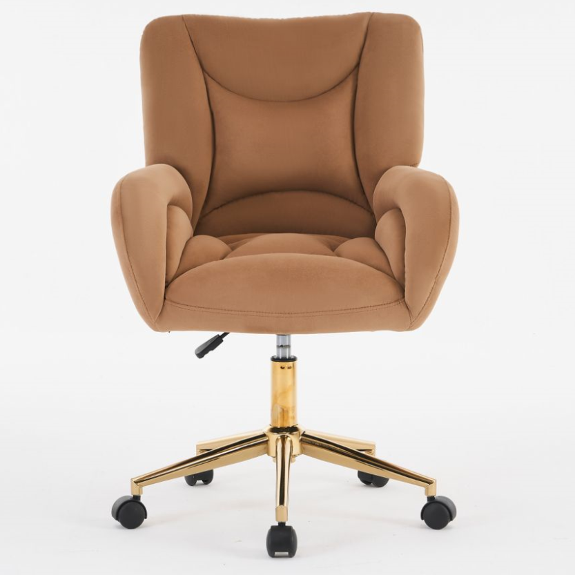 Full KD Velvet Fabric Material Adjustable Height Swivel Home Office Chair For Indoor Office With Gold Legs, Brown