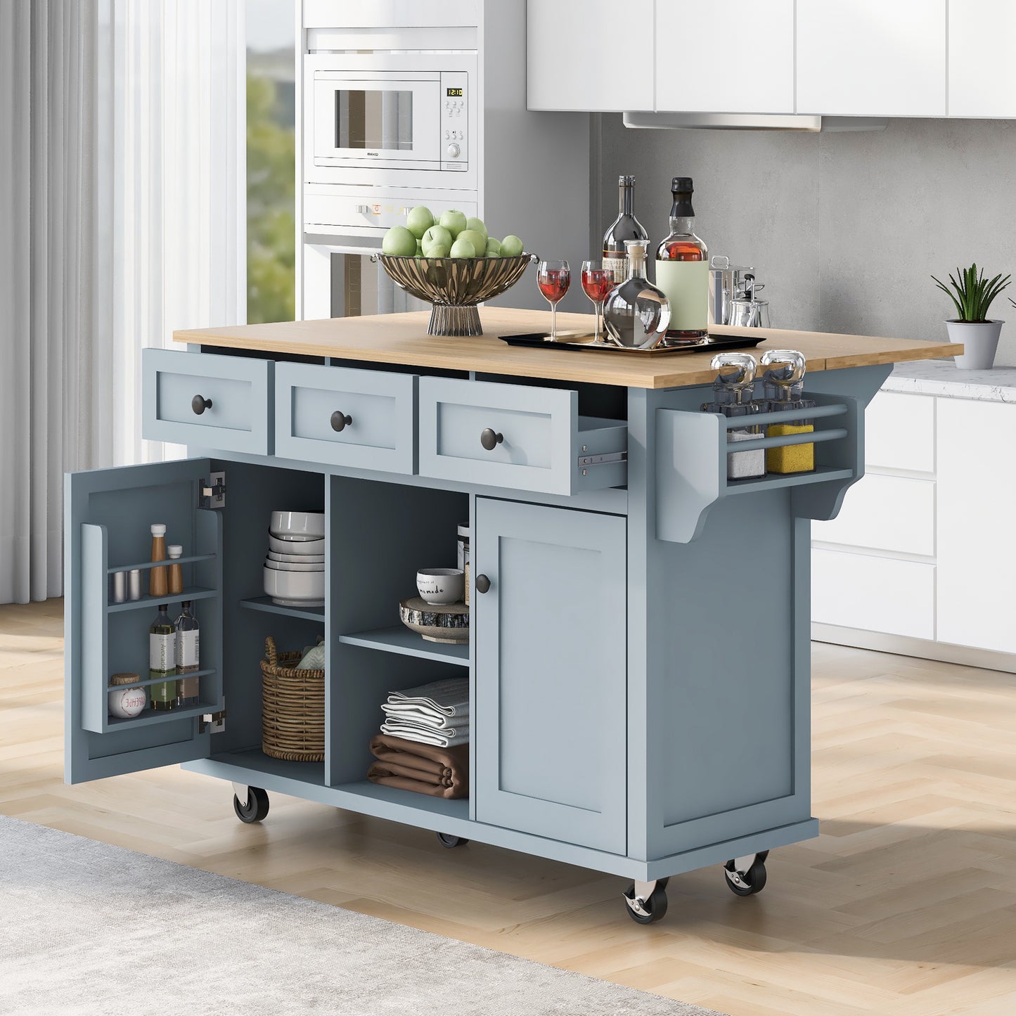 Kitchen Cart With Rubber Wood Drop-Leaf Countertop ,Cabinet Door Internal Storage Racks,Kitchen Island On 5 Wheels With Storage Cabinet And 3 Drawers For Dinning Room, Grey Blue