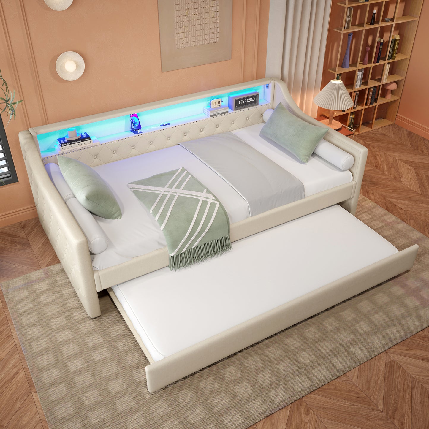 Daybed, 90 X 200cm, Sofa Bed, Daybed With Slatted Base  Without Mattress , With LED Lights, Bed With Pull-out Bed, USB Charging Socket, Linen, Beige