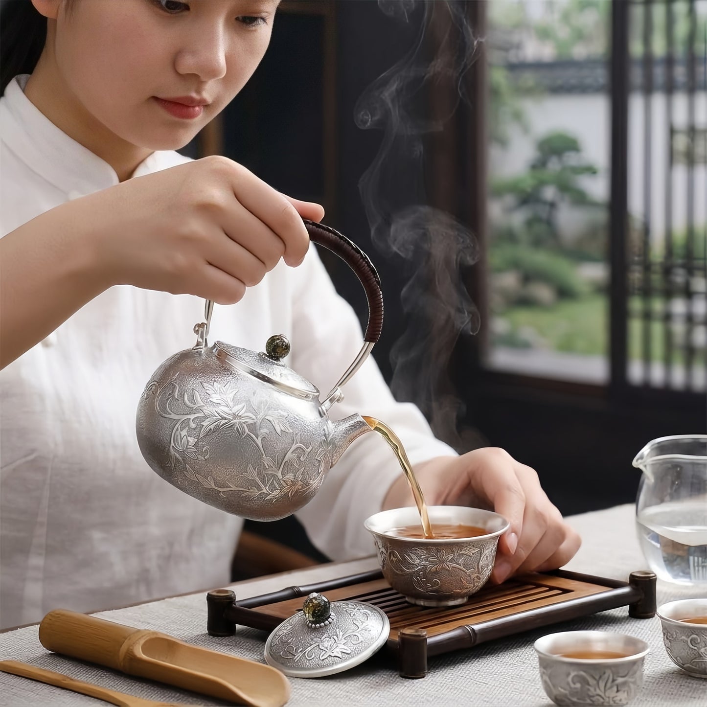 925 Sterling Silver Elegant Handcrafted  Tea Kettle with Floral Engraving and Wooden Handle-Fine Teapot with Handle - Handicraft