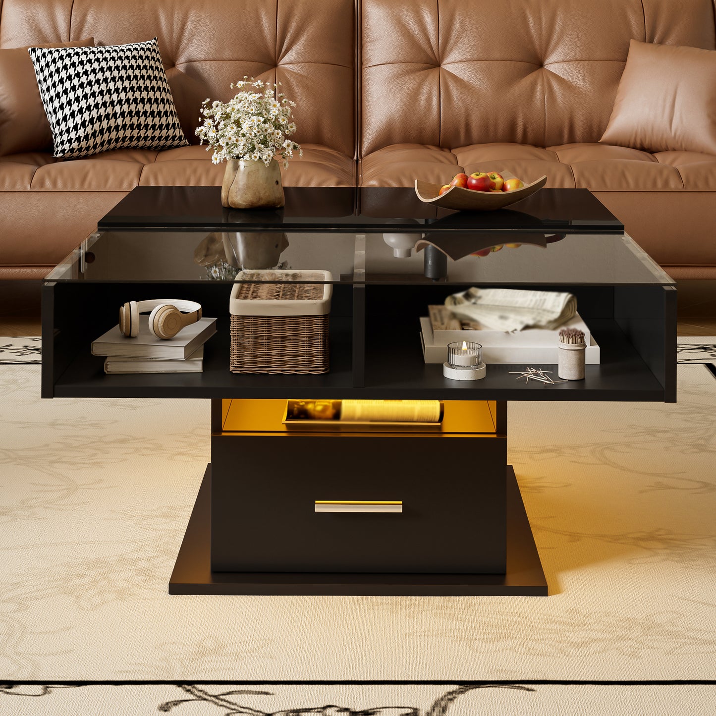 Multifunctional High-gloss Lift Coffee Table With LED Lighting, Adjustable Height & Flexible Storage Space  Modern Design For Living Room, Office & Small Apartments