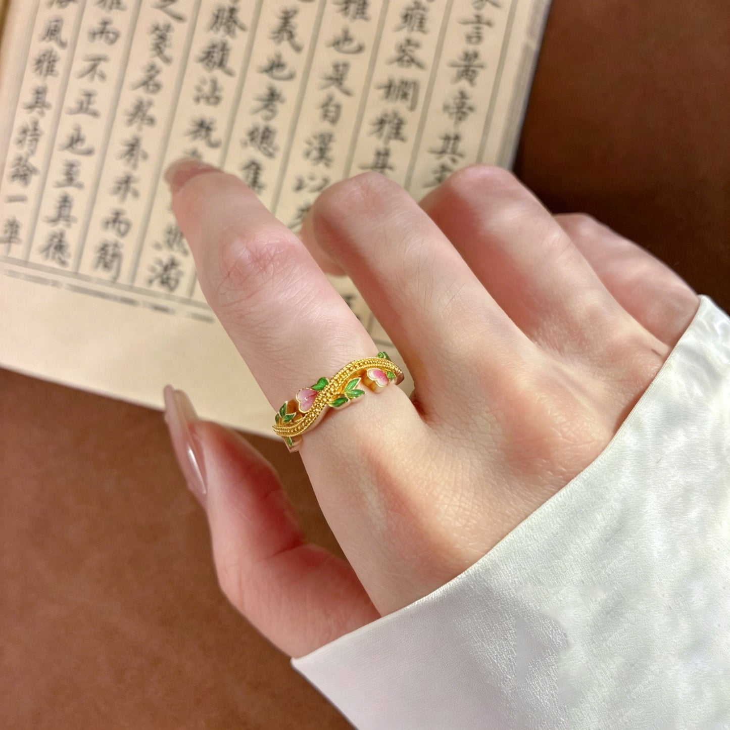 1pcs 999.9 Sterling Silver Gold-Plated Floral Enamel Ring, Luxury Retro Style, Ideal For Birthdays & Holiday Gifts