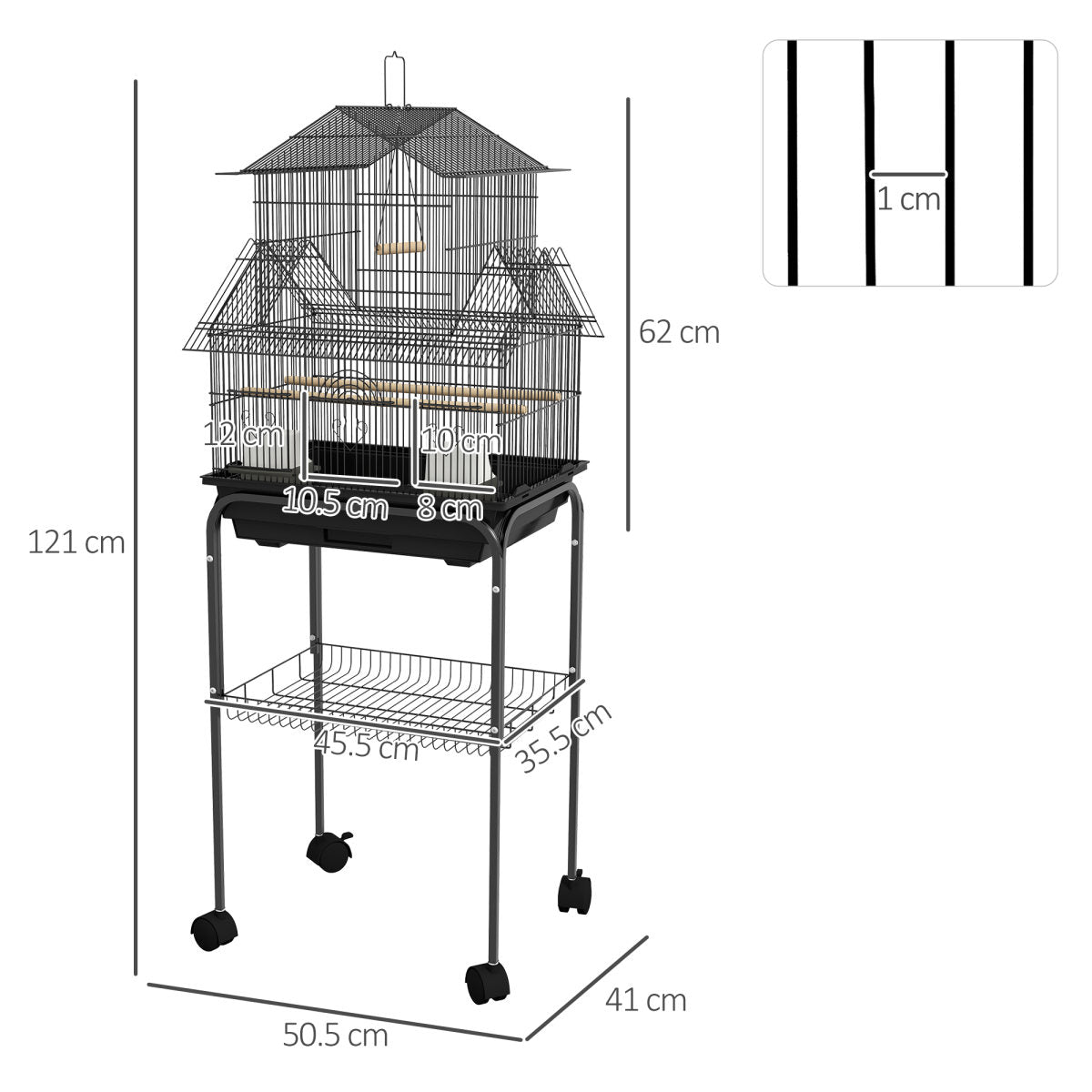 PawHut Metal Bird Cage With Plastic Swing, Perch, Food Container, Tray, Handle, For Finches, Canaries, Budgies, 43.5 X 33 X 121