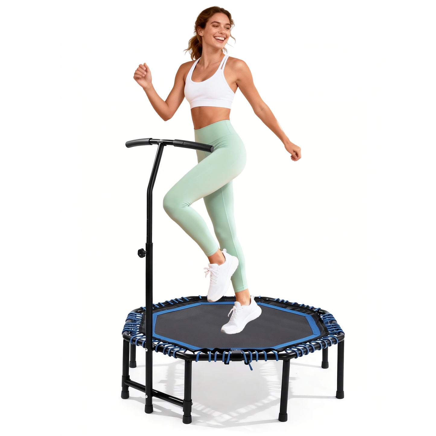 48 Inch Foldable Fitness Trampoline With Adjustable Handlebar For Adults, Max Load 450lbs,With Durable Bungee Ropes,Stable & Quiet, Rebounder For Cardio & Strength Training, Home Gym,Jumping Exercise