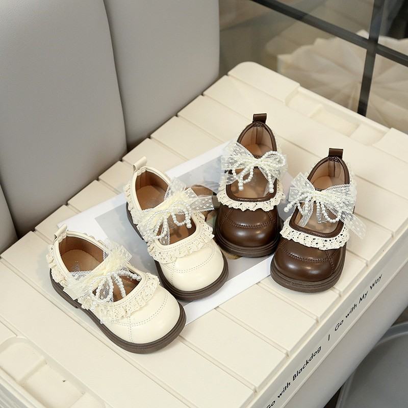 2026 Spring New Arrival Girls' Fashion Lace Trim Flat Shoes, Korean Style Bow Princess Shoes, Kids Fashion Leather Shoes