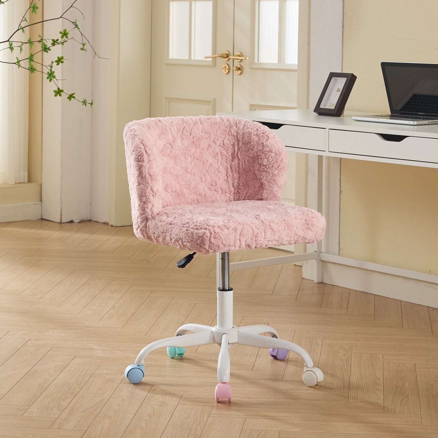 Girls Faux Rabbit Fur Desk Chair, Cute Fluffy Adjustable Swivel Vanity Chair With Silent Colorful Wheels, Soft Upholstered Office Chair For Bedroom, Study Room And Dorm, Pink