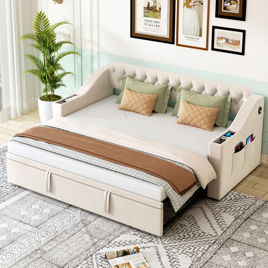 Upholstered Bed Sofa Bed, 90 180x190 Cm, Wider And Thicker Armrests With USB Charging Port, Integrated Shelf In The Armrests, With Storage Pockets, With Slatted Base, Velvet Fabric, Beige