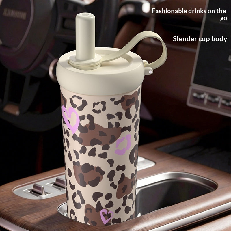 Ice Boss Cup Stainless Steel Outdoor Mug Leopard-print Portable Straw Water Bottle
