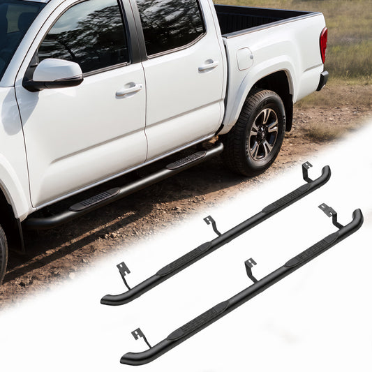 2PCS 4 Inch Running Boards Side Steps Fit Toyota Tacoma 2005-2023 (Crew Cab/Double Cab) Oval Straight Carbon Steel Black Powder, Off-Road Exterior Accessories