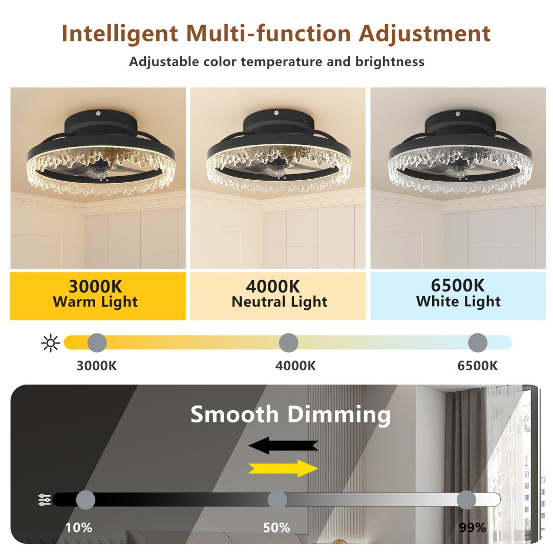 Smart Silent Elegant Black Ceiling Fan With Light - 16-inch Flush Mount LED Chandelier With 5 Invisible Blades, Remote Control & Timer, Dimmable Lighting For Bedroom, Living Room, Dining Room