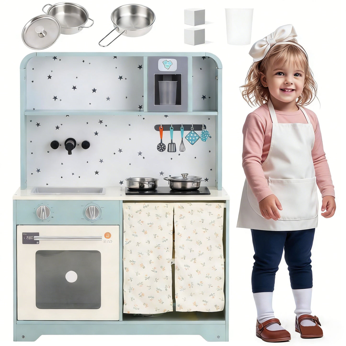 Children's Kitchen, Play Kitchen With Ice Maker And Microwave, Accessories And Surprise Effects, An Excellent Gift For Children Aged 3 And Over, Wood  Plastic, Blue, 29x60x81cm