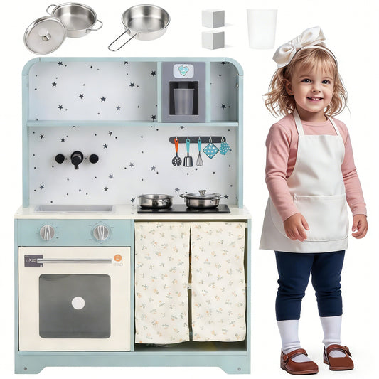 Children's Kitchen, Play Kitchen With Ice Maker And Microwave, Accessories And Surprise Effects, An Excellent Gift For Children Aged 3 And Over, Wood  Plastic, Blue, 29x60x81cm