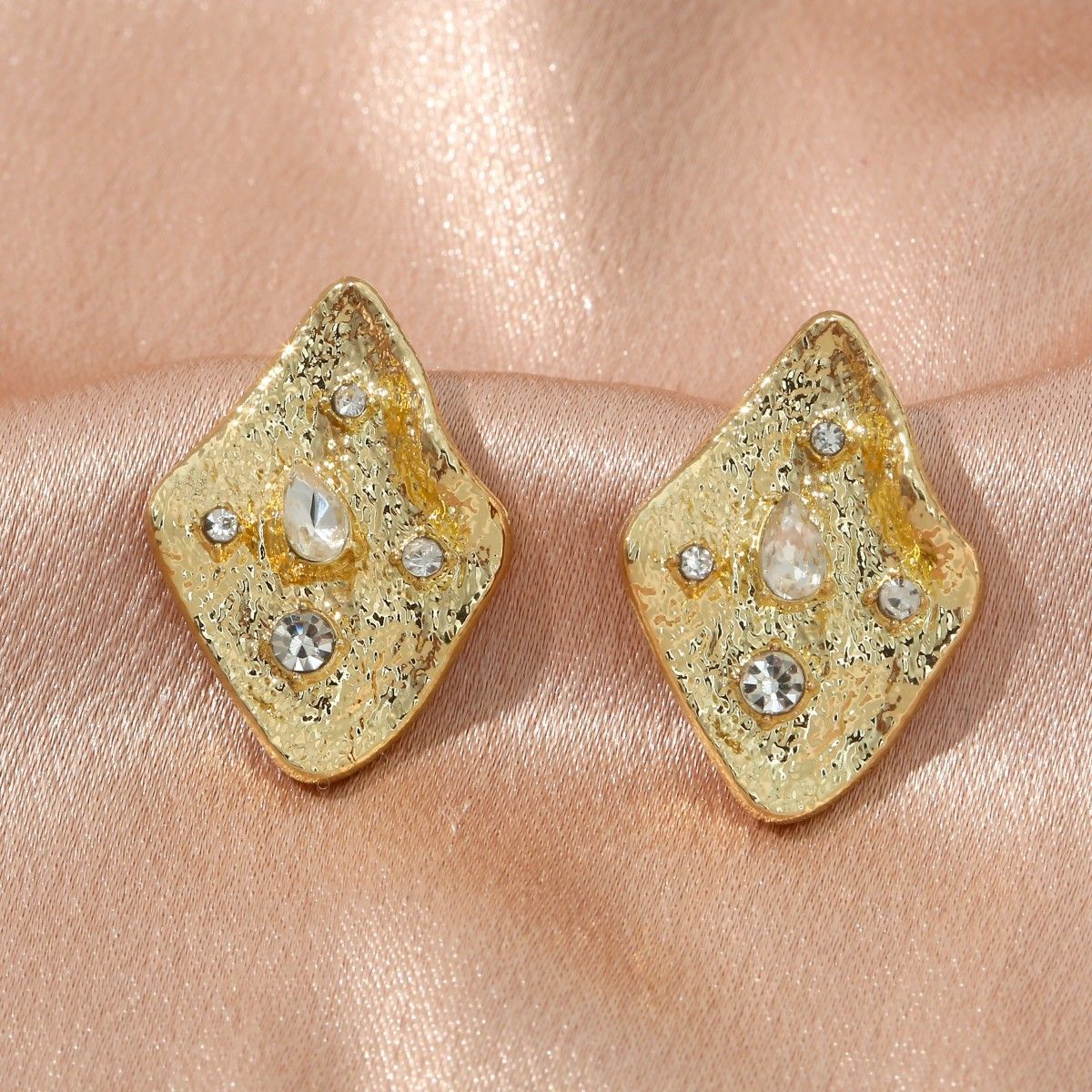 Trendy Geometric Diamond Square Stud Earrings, Satin Plated Metal Full Shiny Crystal Minimalist Office Daily Ear Jewelry