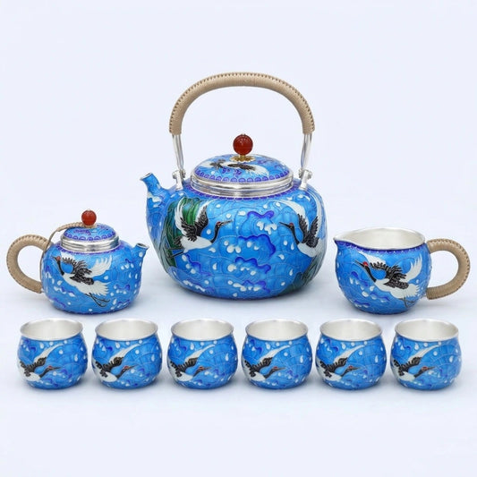 925 Sterling Silver Traditional Chinese Enamel Crane Tea Set with Bamboo Handles - Handicraft