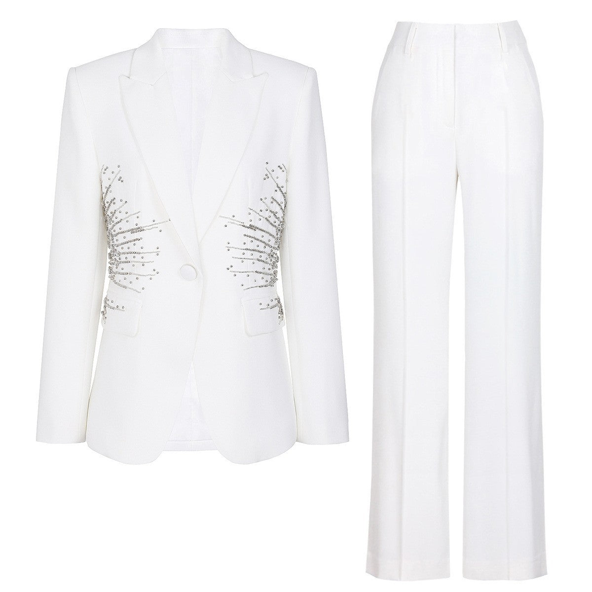 Sparkling Rhinestone Waist Decor Single Button Blazer & High Waist Wide Leg Pants 2-Piece Suit Set