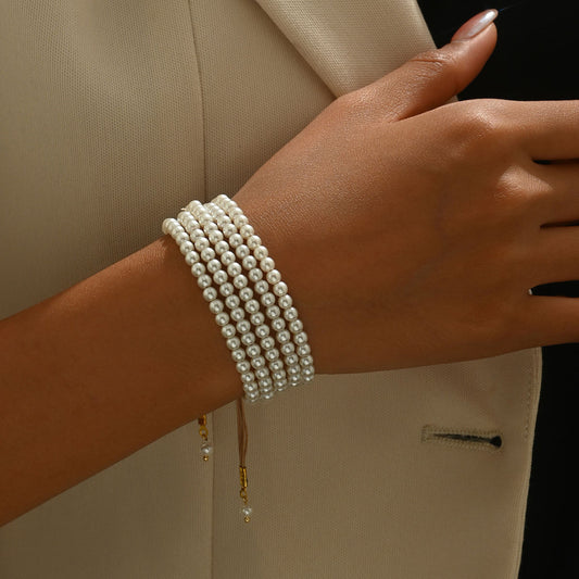 European American Multi-Layer Women Bracelet, Unique Strung Faux Pearl Niche Adjustable Premium Texture Wrist Jewelry, Versatile Daily Hand Accessories