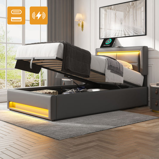 Upholstered Bed 90 X 200 Cm, With USB Port  Supports Wireless And Wired Charging , With LED Lighting And Storage, Without Mattress, PU Lychee Pattern,Grey OLD SKU 3252934AAG