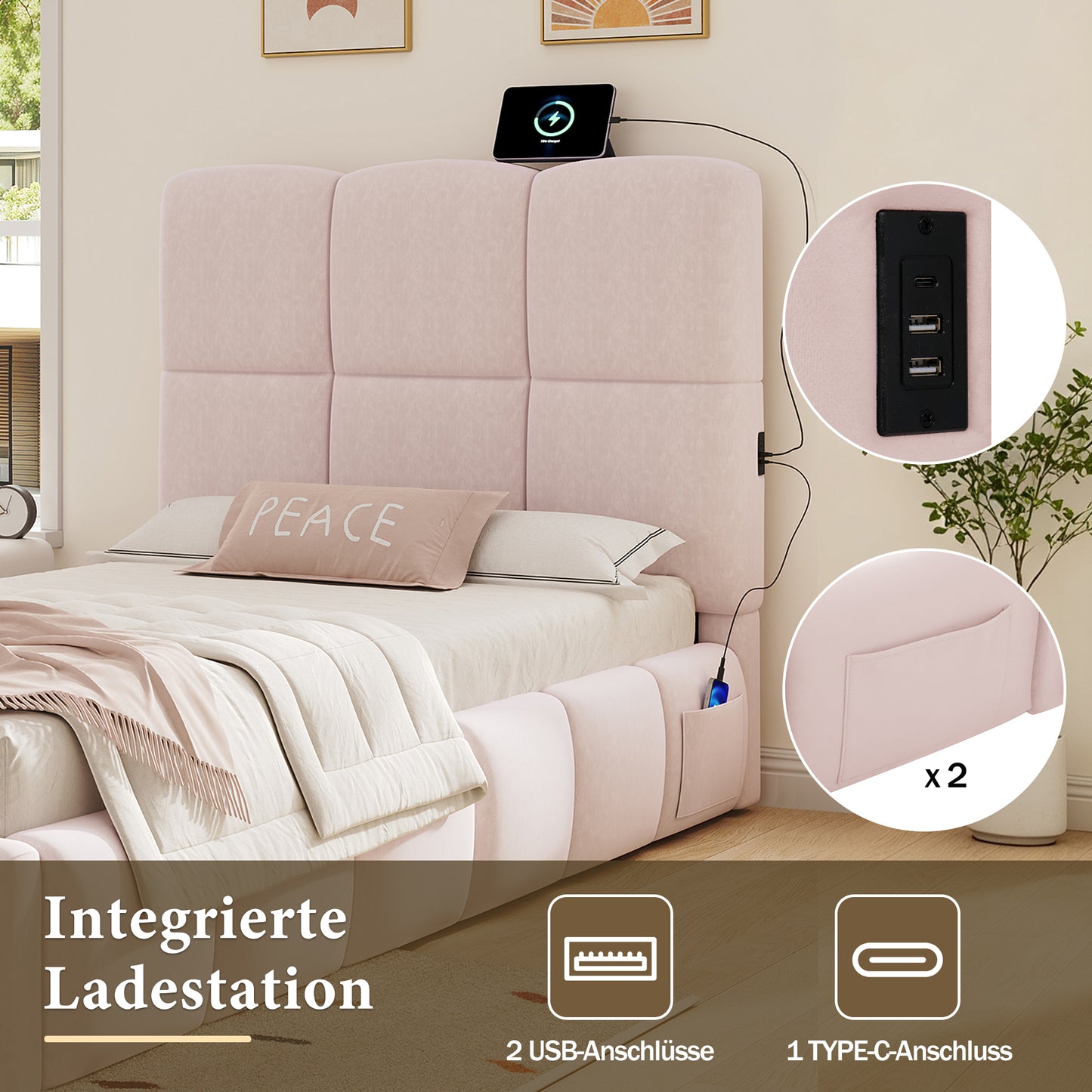 Upholstered Bed, Single Bed, Cot 90 X 200cm, Hydraulic Functional Bed, Bed With Slatted Base, Headboard, Large Storage Space And USB Charging Port, Upholstered Headboard, Velvet, Pink