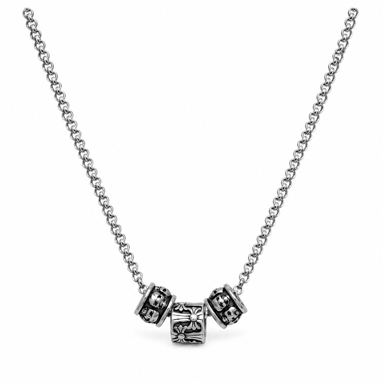 Gothic Vintage Carved Barrel Bead Necklace, Oxidized Silver Plated Biker Punk Pendant Gift For Him