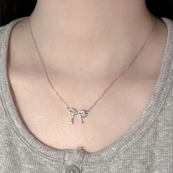 1pcs 999 Sterling Silver Bowknot & CZ Drop Necklace, Elegant Trendy Style, Ideal For Birthday & Valentine's Gifts