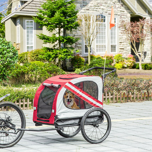 2-in-1 Pet Bike Trailer for Small Medium Dogs, Road-Visibility Dog Stroller Bicycle Carrier, Weather-Strong Bike Wagon Trailer Sidecar Attachment, Red