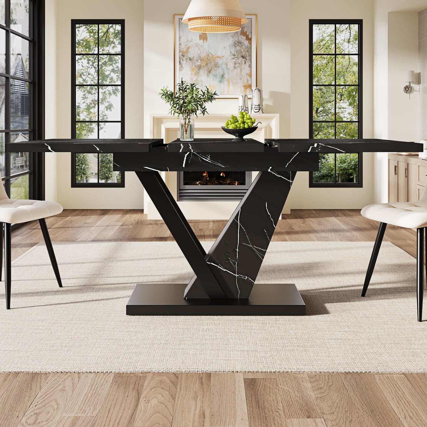 Telescopic Dining Table  120-160x75cm , Table, Kitchen Table, Extendable Table, Extendable To 120-160cm With The Help Of Internal Inserts, For Kitchen And Living Room, Dining Table With Black Marble P