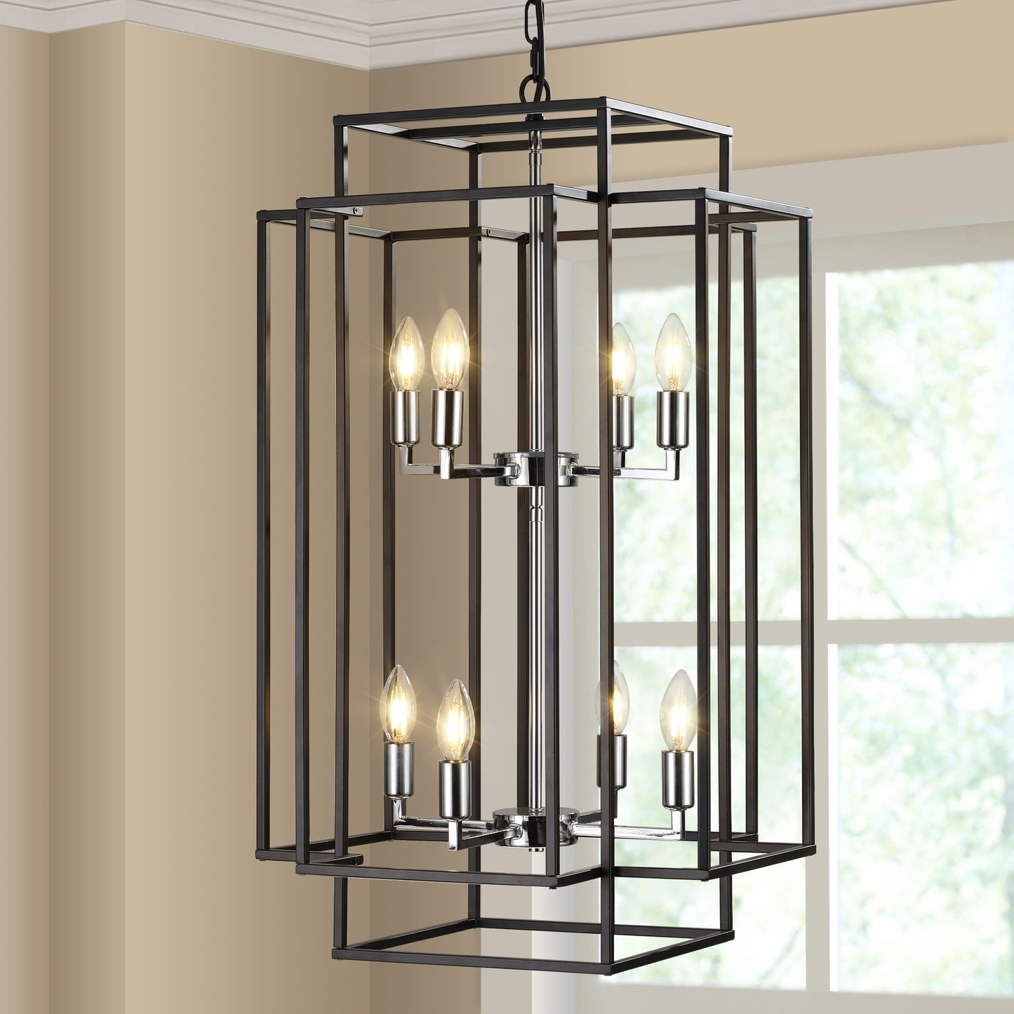 18 Modern 8-Light Black & Chrome Geometric Pendant Chandelier, Industrial Metal Frame, Adjustable Hanging Light For Living Room, Dining Room, Kitchen No Bulbs