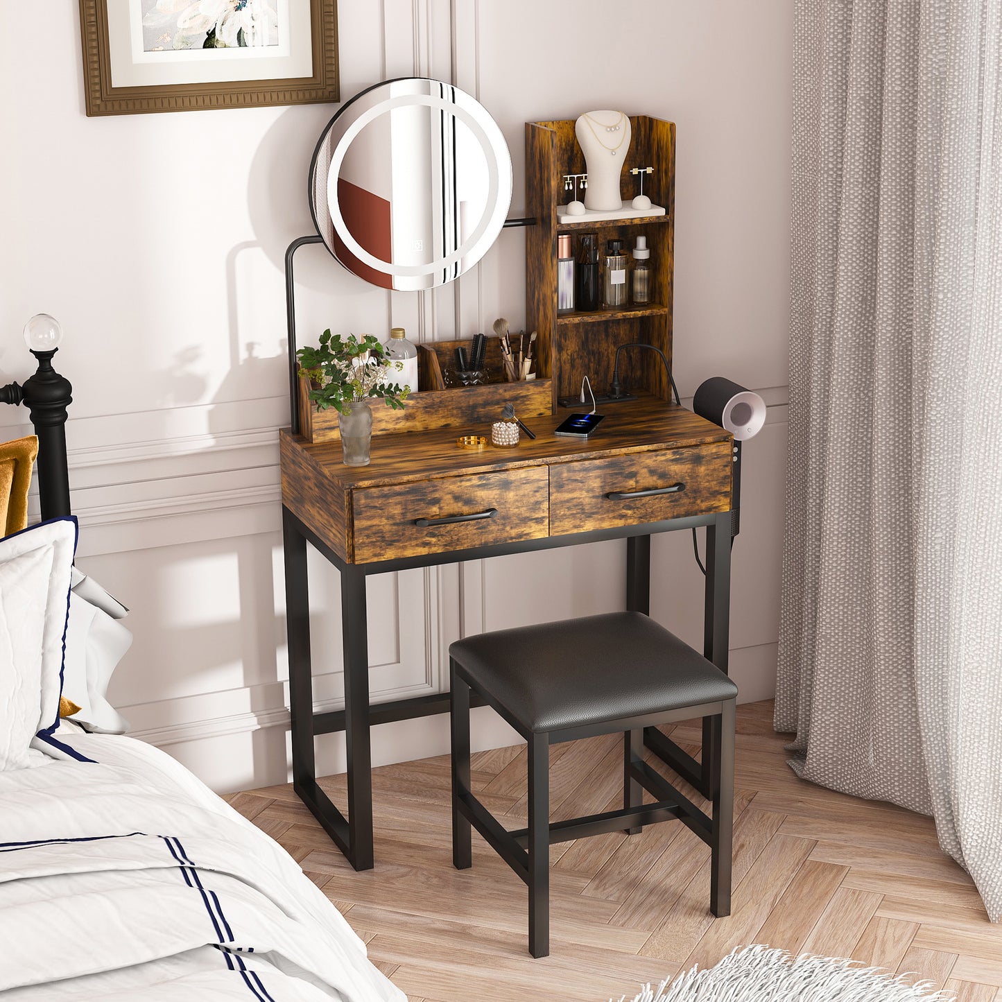 Makeup Vanity With LED Lights&3 Color And Power Outlet Makeup Vanity Table With 2 Big Drawers With Sturdy Metal Leg And Metal Chair ,Dressing Table For Bedroom Dressing Room Brown