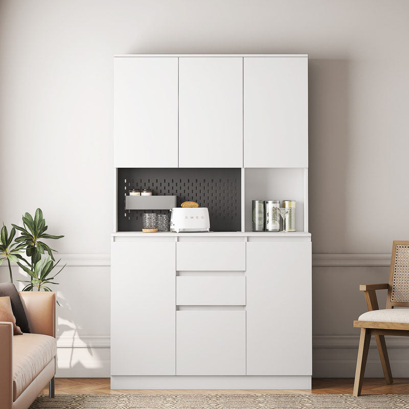 Tatub 74in Pantry Cabinet W Power Outlet, Kitchen Hutch W Storage & Microwave Shelf, White Kitchen Pantry Storage Cabinet W LED Light Strip