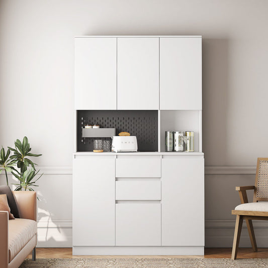 Tatub 74in Pantry Cabinet W Power Outlet, Kitchen Hutch W Storage & Microwave Shelf, White Kitchen Pantry Storage Cabinet W LED Light Strip