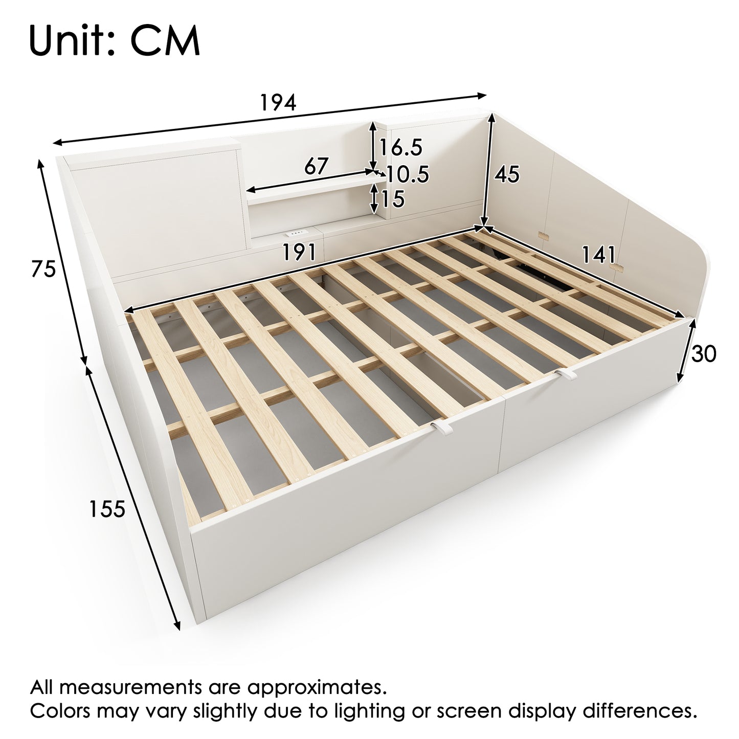 Hydraulic Daybed 140x190 Cm In White, Wooden Bed With 2 Shelves, Large Storage Space & USB-Type-C Charging Station, Slatted Frame Incl., Compact Double Bed   Without Mattress