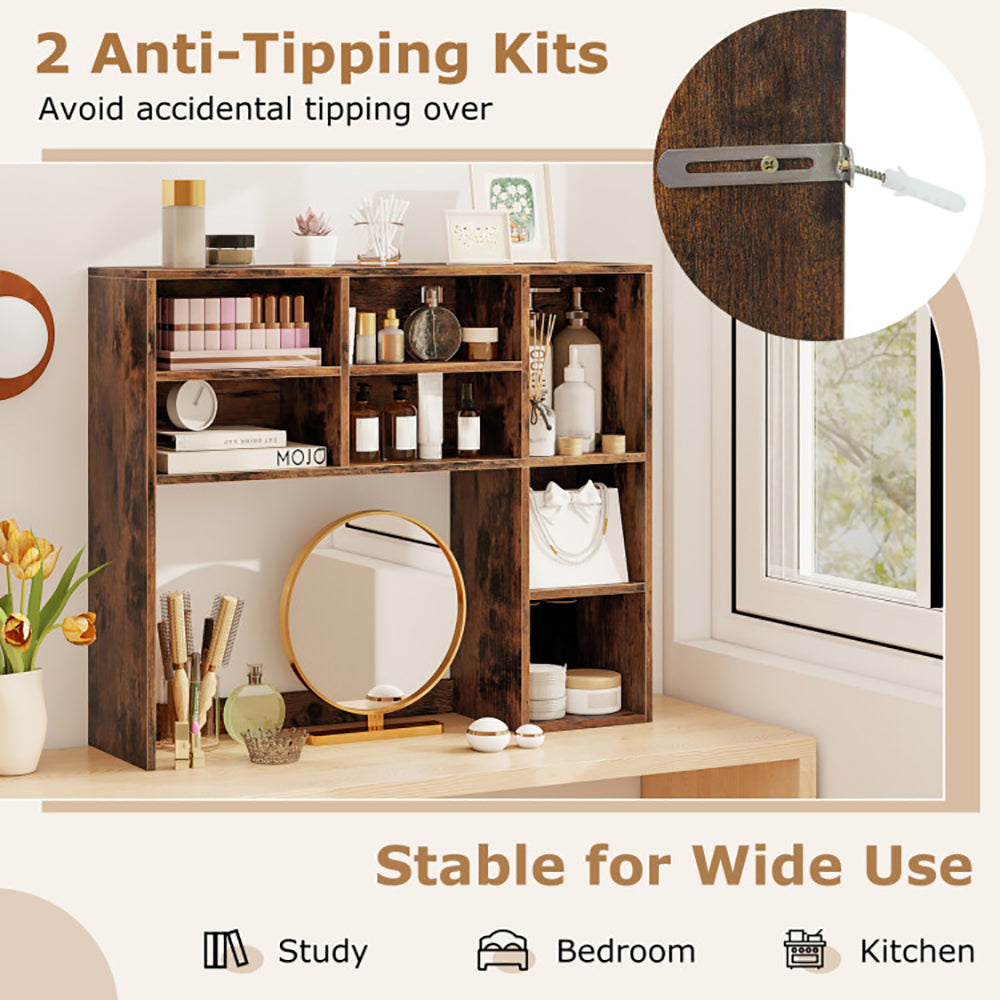 Desktop Bookshelf With 7 Open Cubbies And 3 Adjustable Shelves 2 Anti-toppling Kits For Computer Desk, Writing Desk, Vanity Table, Coffee Bar