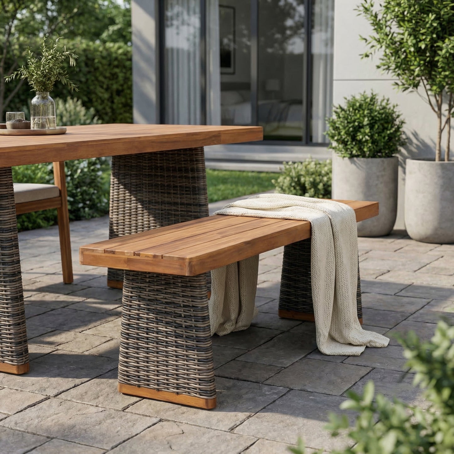 Outdoor 1pcs Acacia Wood Bench,Teak Finish  Grey Wicker