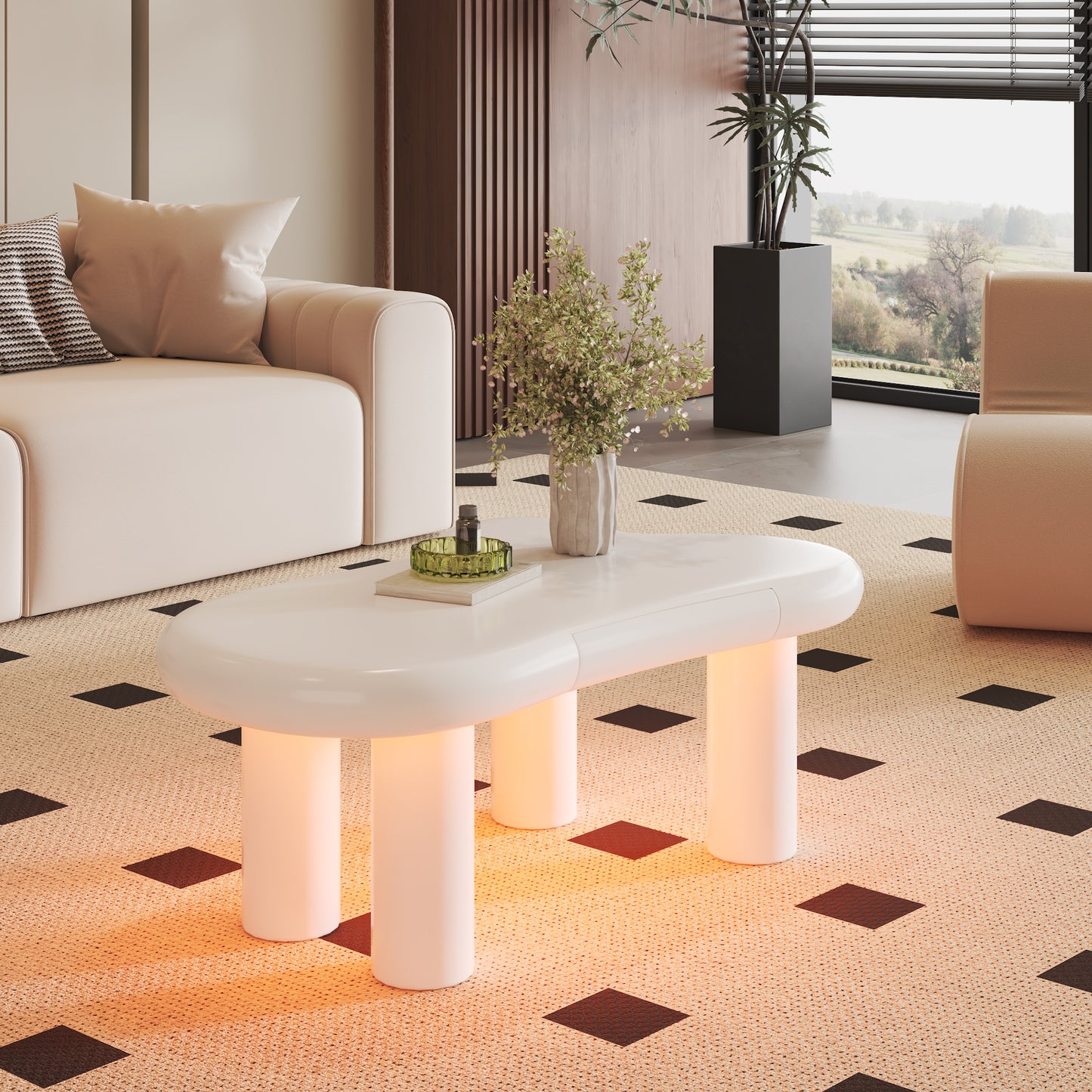 White Cloud-Shaped MDF Coffee Table With 16-Colour LED Lighting & Drawer  Modern Living Room Table, With Storage