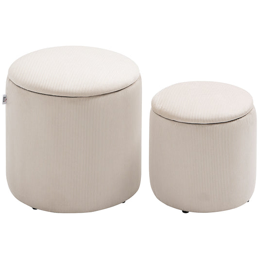 Set Of 2 Round Ottoman With Storage, Fabric Vanity Stool For Makeup, Footrest Stool With Removable Lid For Living Room & Bedroom, Cream White