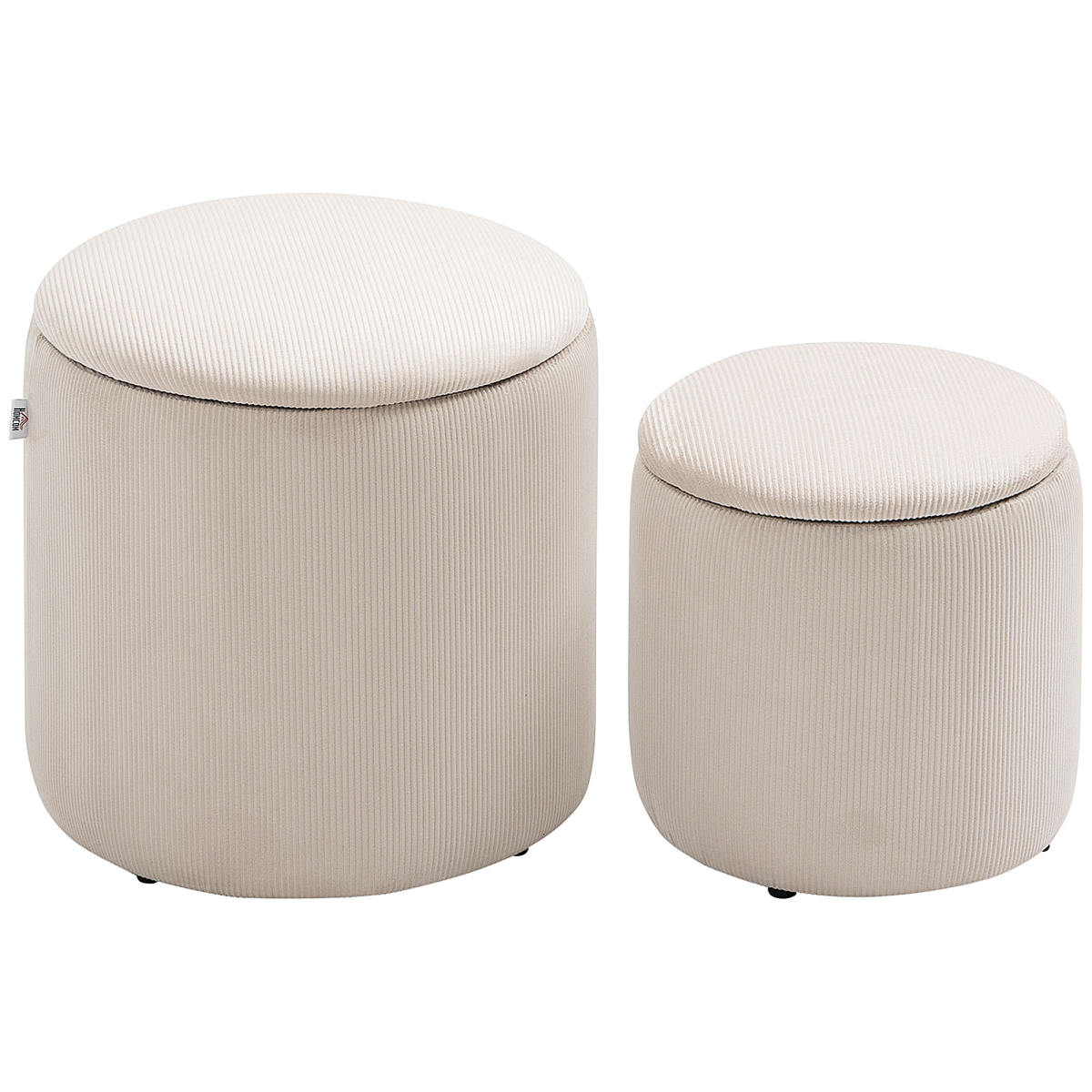 Set Of 2 Round Ottoman With Storage, Fabric Vanity Stool For Makeup, Footrest Stool With Removable Lid For Living Room & Bedroom, Cream White