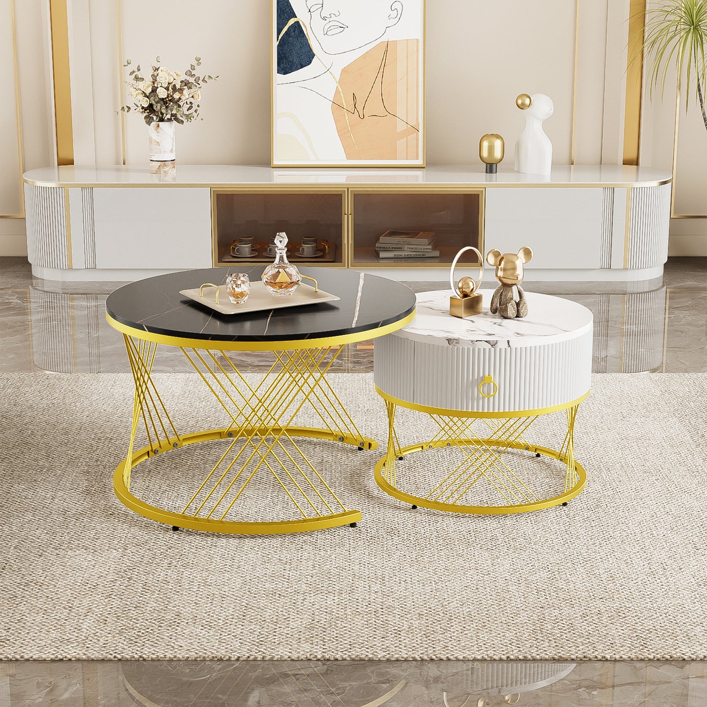 Elegant Composable Coffee Table  Marble Effect, Gold Decor, Side Table With Drawers - Set Of 2