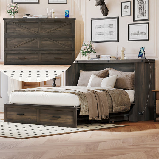 Queen Size Farmhouse Murphy Cabinet Bed With Charging Station, Foldable Platform Bed With Large Storage Drawer For Guest-Room, Small Bedroom, Rustic Gray
