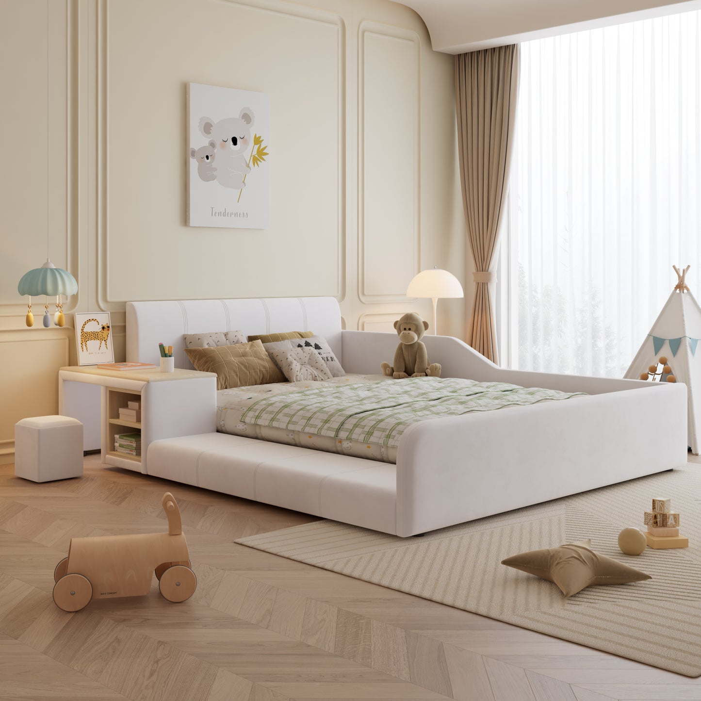 Upholstered Bed With Children's Desk And Stool, With Shelf, Soft Headboard, Children's Bed With Wooden Slats, Velvet, White, 140x200cm